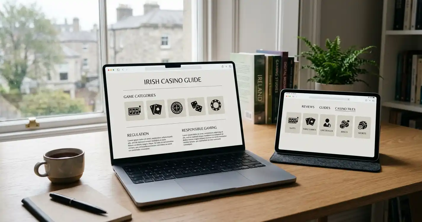Laptop and tablet beside abstract casino category tiles on a quiet desk